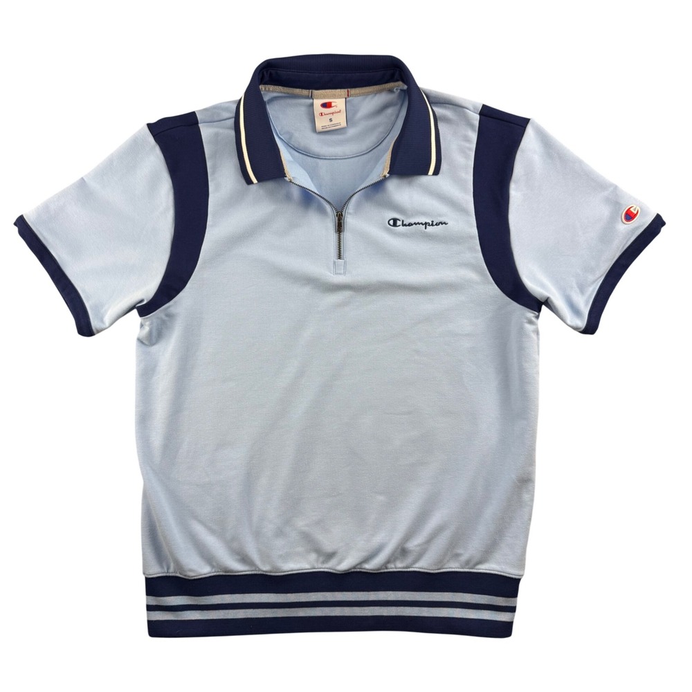 Champion Mens Light Blue Navy Quarter Zip Polo Shirt Short Sleeve Size S Retro
